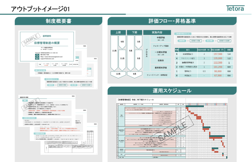 アウトプットイメージ01

１．制度概要書
２．評価フロー・昇格基準
３．運用スケジュール